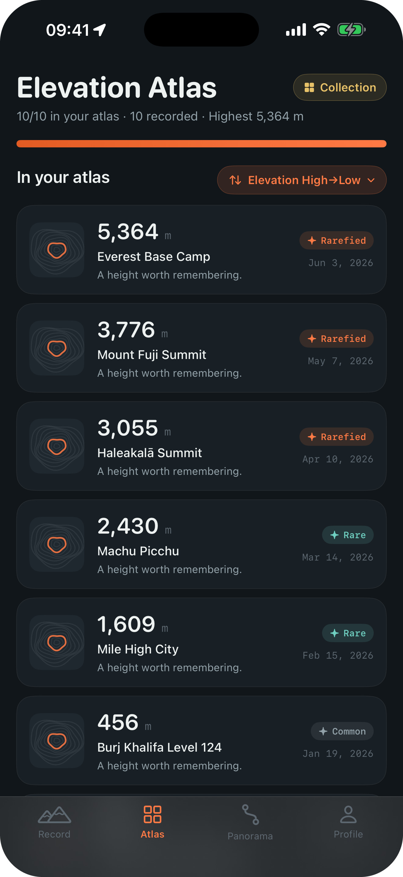 The Elevation Atlas sorting saved places by elevation