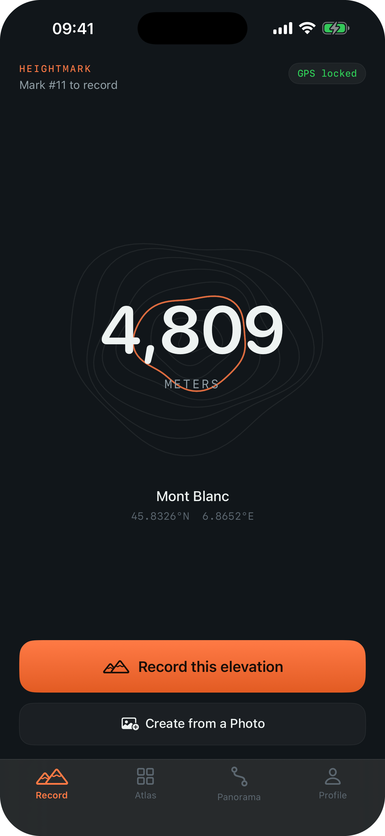 The Record screen showing the current GPS elevation